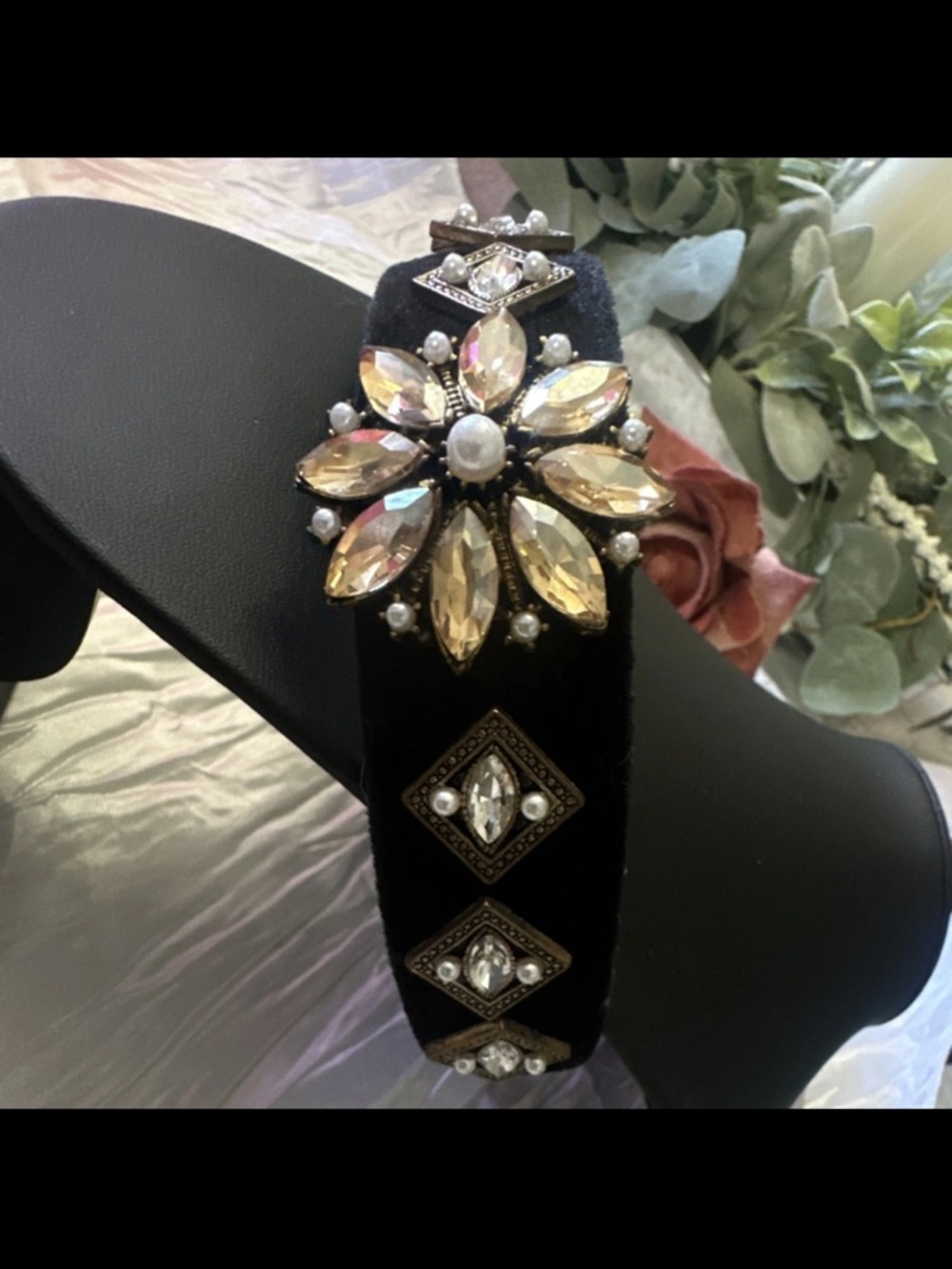 Embellished Black Crystal Flower Headband
